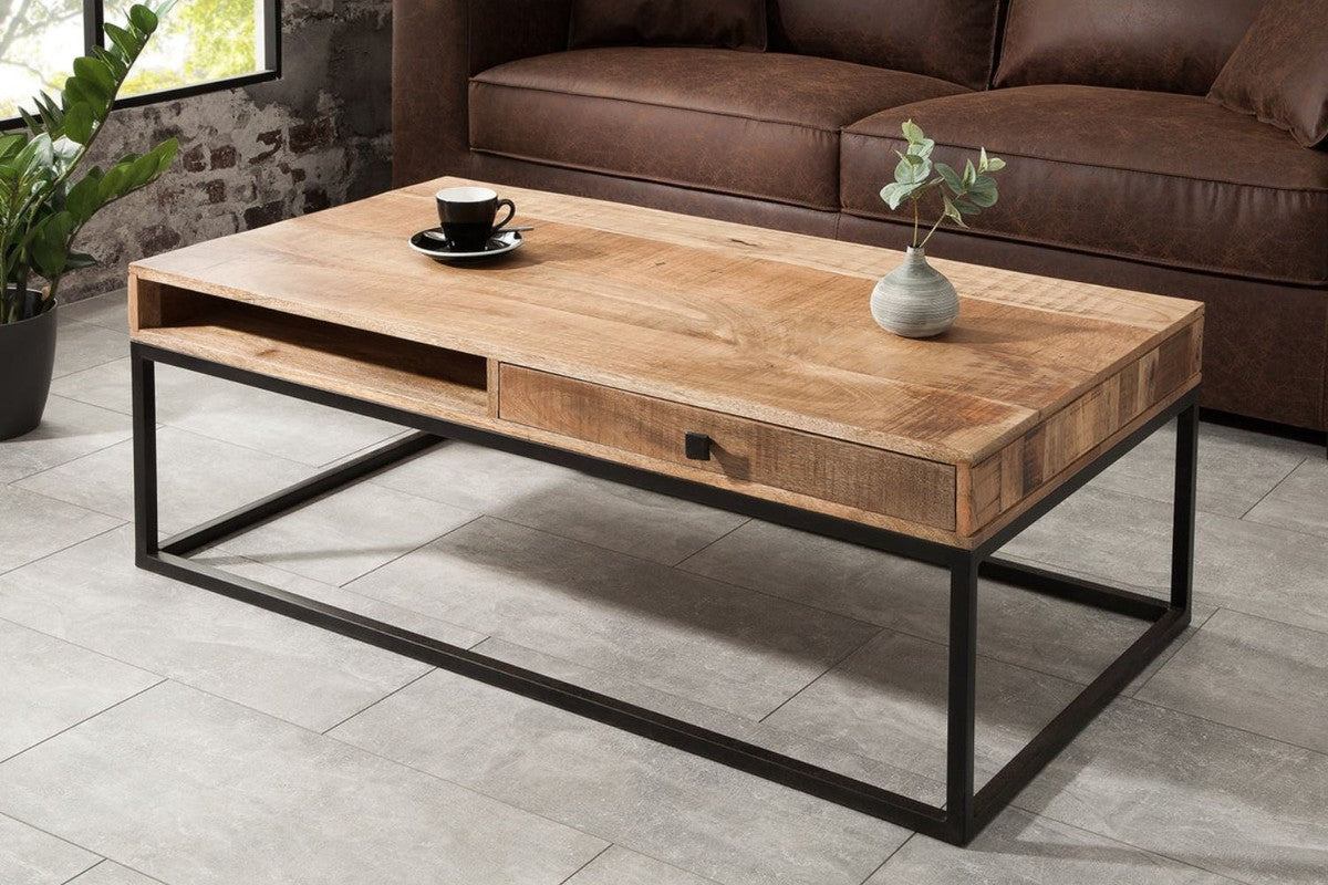 Couchtisch Naturfarben / Schwarz 100 cm - Wohnzimmertisch mit 2 Schubladen