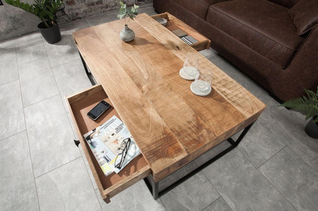 Couchtisch Naturfarben / Schwarz 100 cm - Wohnzimmertisch mit 2 Schubladen