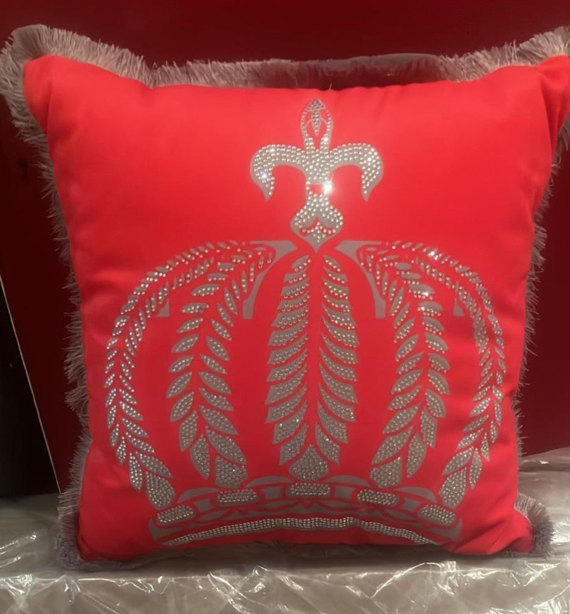 Harald Glööckler Luxus Deko Kissen Pompöös by Krone mit Strass Steinen Rot / Silber 50 cm