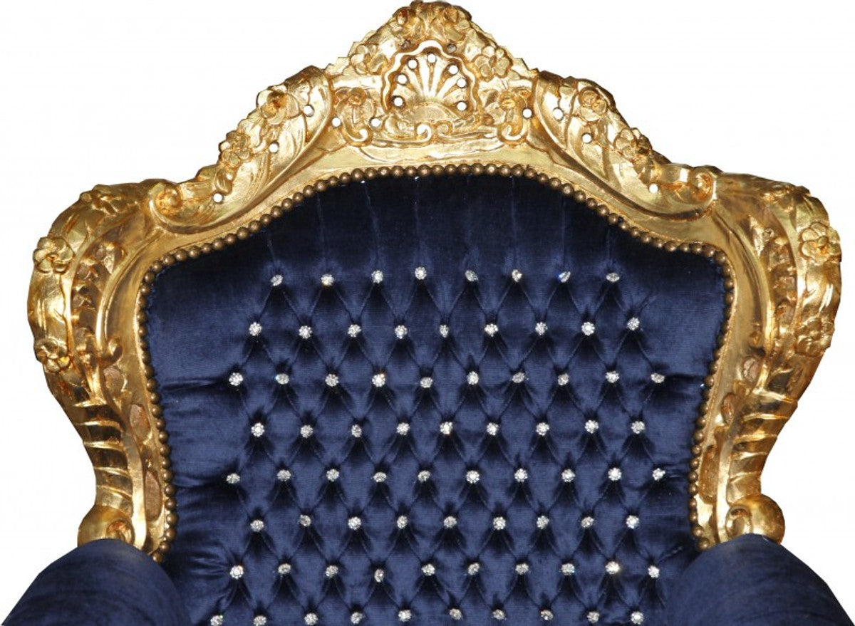 Barock Sessel King Royalblau/Gold mit Bling Bling Glitzersteinen