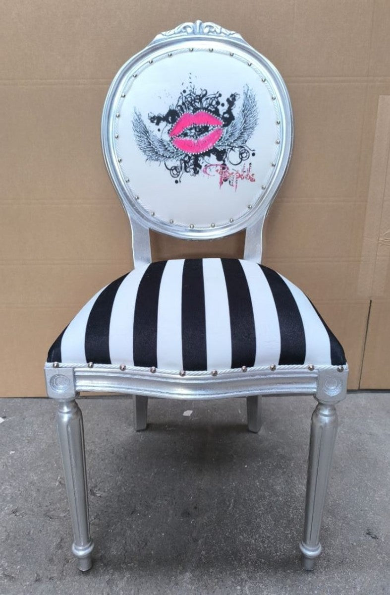 Pompöös by Luxus Barock Esszimmer Stuhl Weiß / Schwarz / Silber - designed by Harald Glööckler