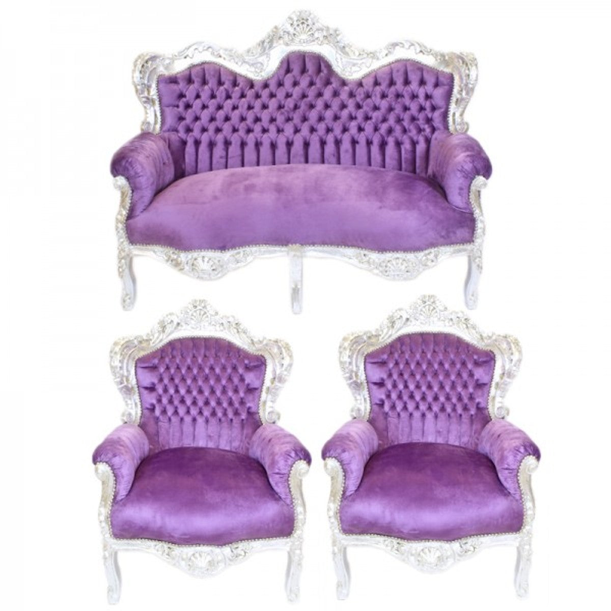 Barock Wohnzimmer Set King Lila / Silber - 2er Sofa + 2 Sessel