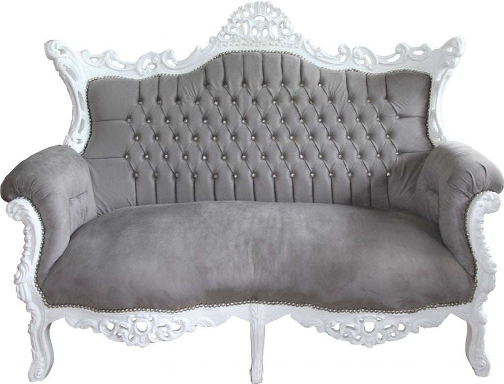 Barock 2-er Sofa Master Grau / Weiß mit Bling Bling Glitzersteinen - Antik Stil Wohnzimmer Möbel - Limited Edition