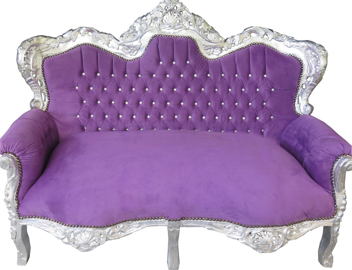 Barock 2-er Sofa King Lila / Silber mit Bling Bling Glitzersteinen