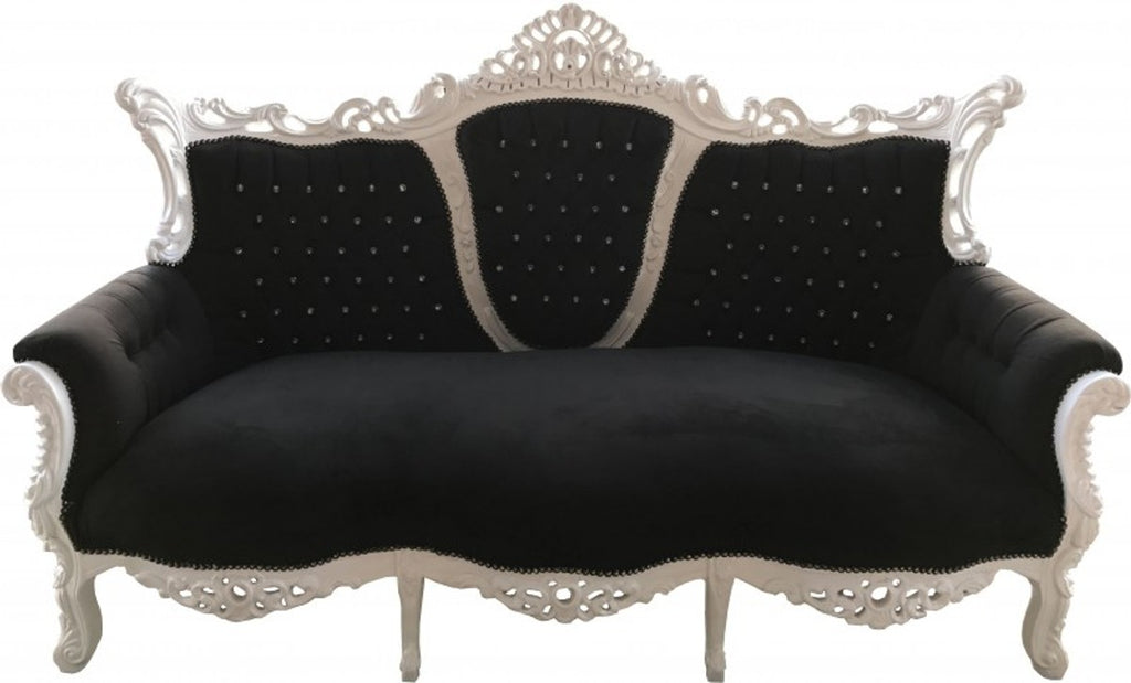Barock 3-er Sofa Master Schwarz / Weiß mit Bling Bling Glitzersteinen - Wohnzimmer Möbel Couch Lounge - Limited Edition