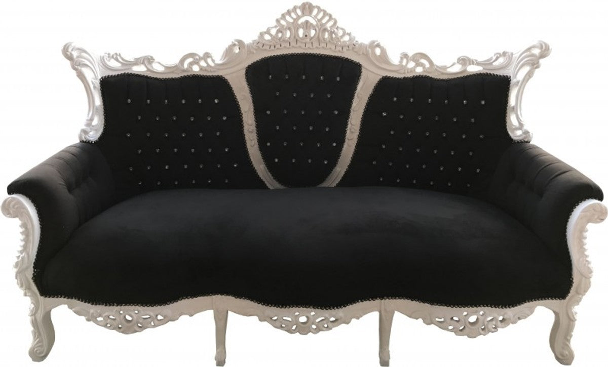 Barock 3-er Sofa Master Schwarz / Weiß mit Bling Bling Glitzersteinen - Wohnzimmer Möbel Couch Lounge - Limited Edition