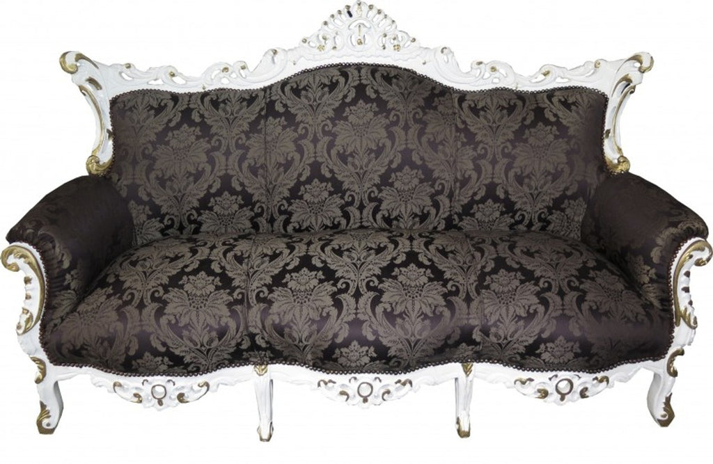 Barock Wohnzimmer Set Schwarz Muster / Weiss/Gold - 3-er Sofa + 2 Sessel