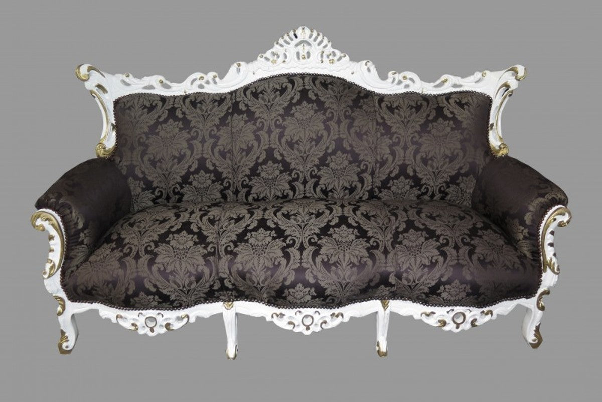 Barock Wohnzimmer Set Schwarz Muster / Weiss/Gold - 3-er Sofa + 2 Sessel
