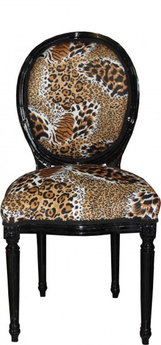 Barock Esszimmer Stuhl Medaillon Tiger Muster / Schwarz - Barock Möbel - Limited Edition