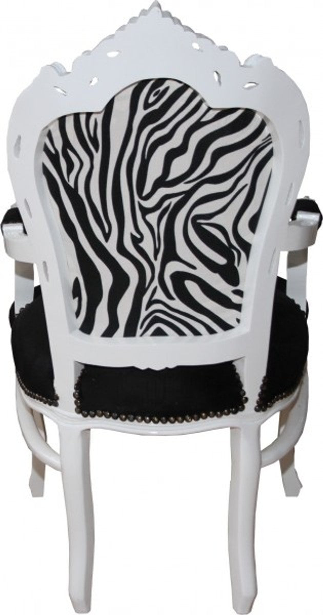 Barock Esszimmer Stuhl Schwarz / Zebra /Weiss mit Armlehnen - Limited Edition