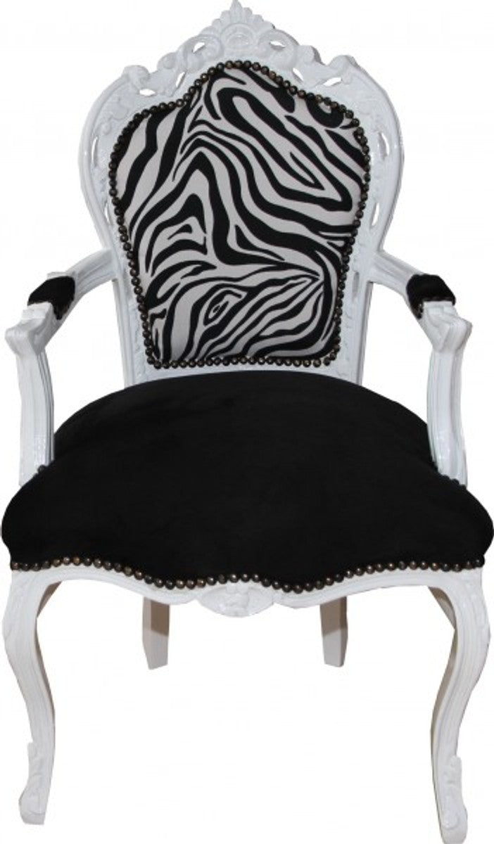 Barock Esszimmer Stuhl Schwarz / Zebra /Weiss mit Armlehnen - Limited Edition