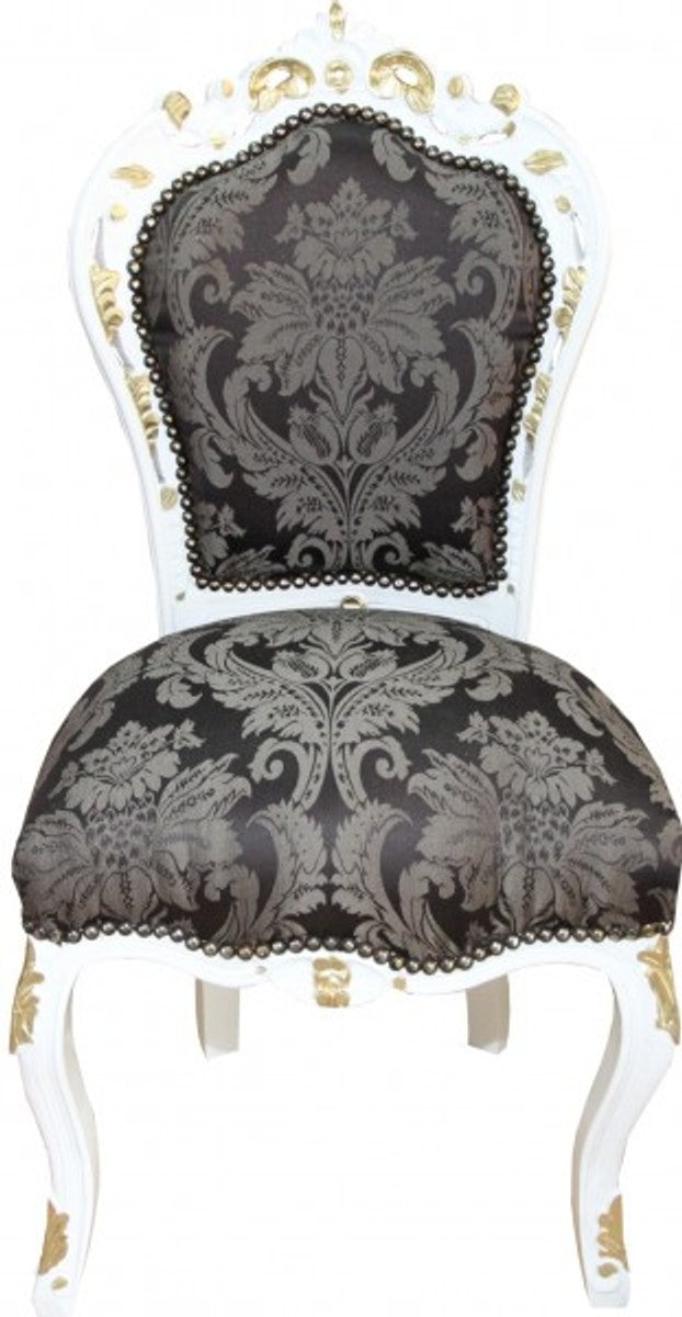 Barock Esszimmer Stuhl Schwarz Muster / Weiß / Gold - Möbel Antikstil
