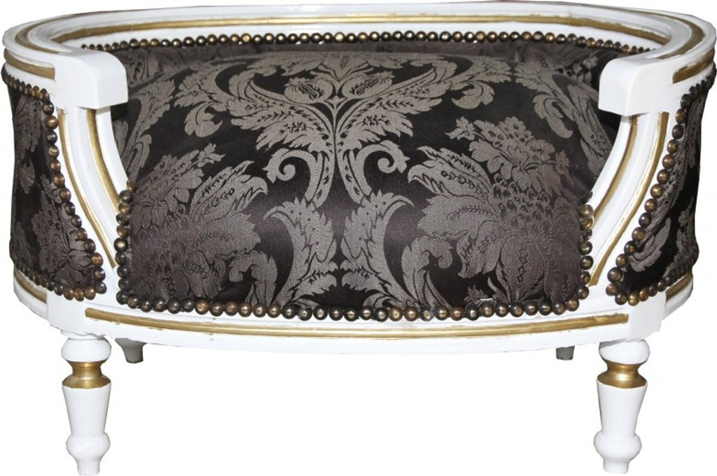 Barock Hunde & Katzen Sofa Schwarz Barock Muster / Weiss/Gold - Hundesessel Sitz Hundebett Katzenbett Hund Katze Möbel