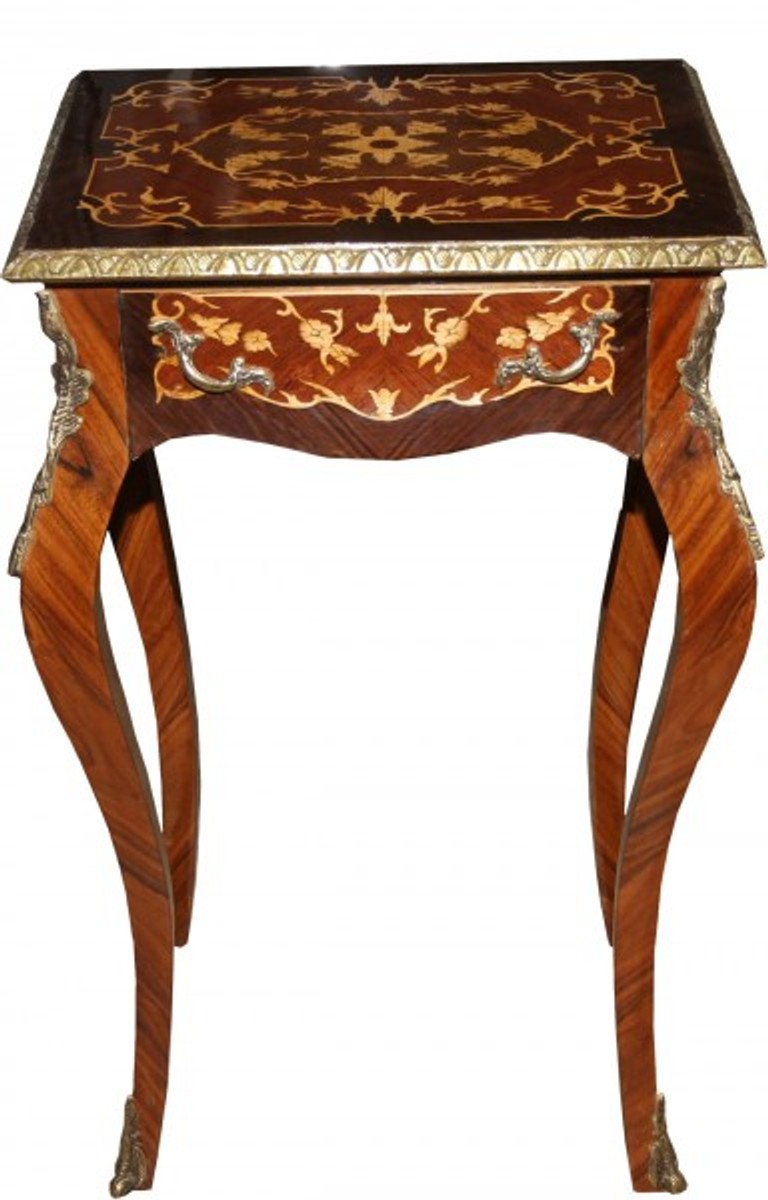 Barock Kommode mit Schubladen Braun Intarsien H 77 cm, B 45 cm - Antik Stil - Nachttisch Konsole