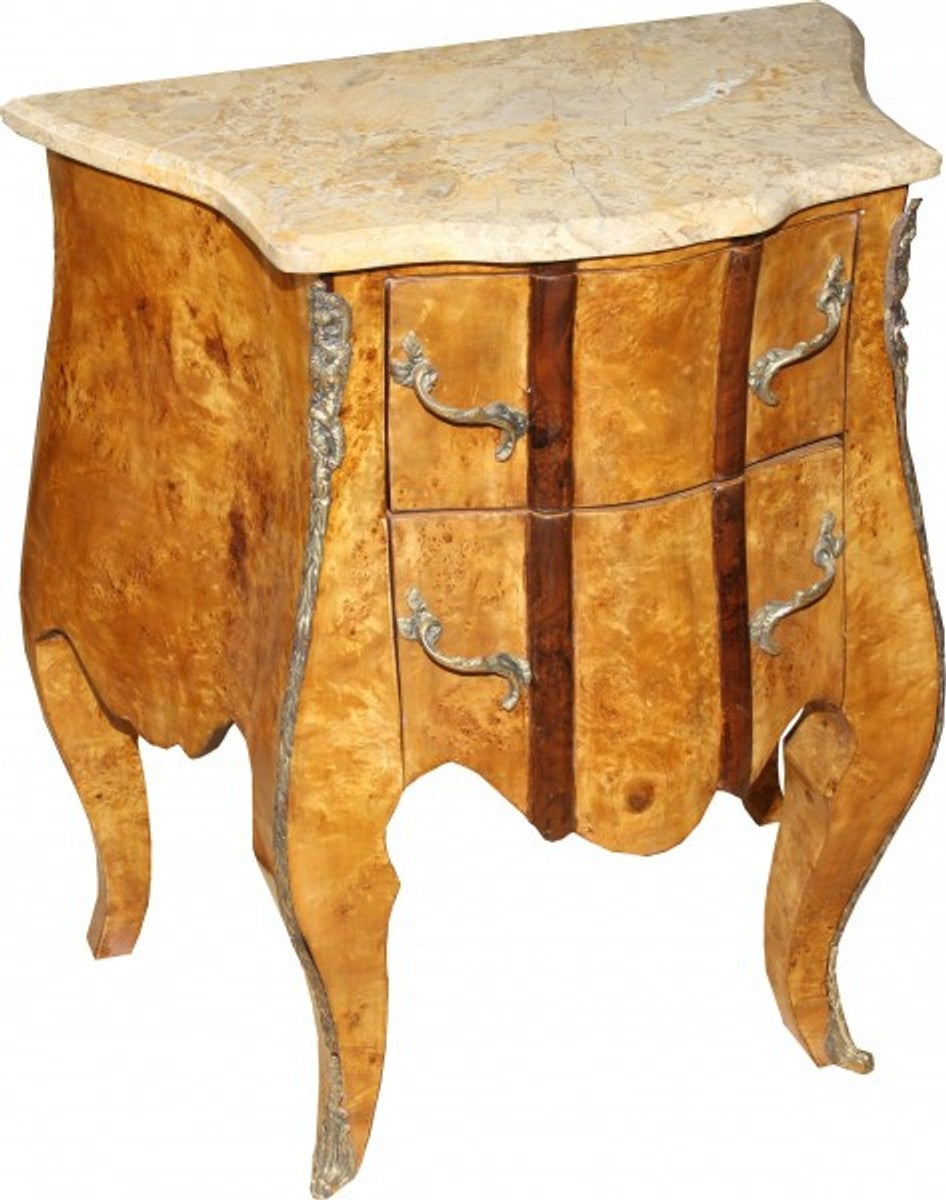 Barock Kommode Vogelaugenahorn mit 2 Schubladen, Marmorplatte in Creme 67 cm - Handgefertigt aus Massivholz