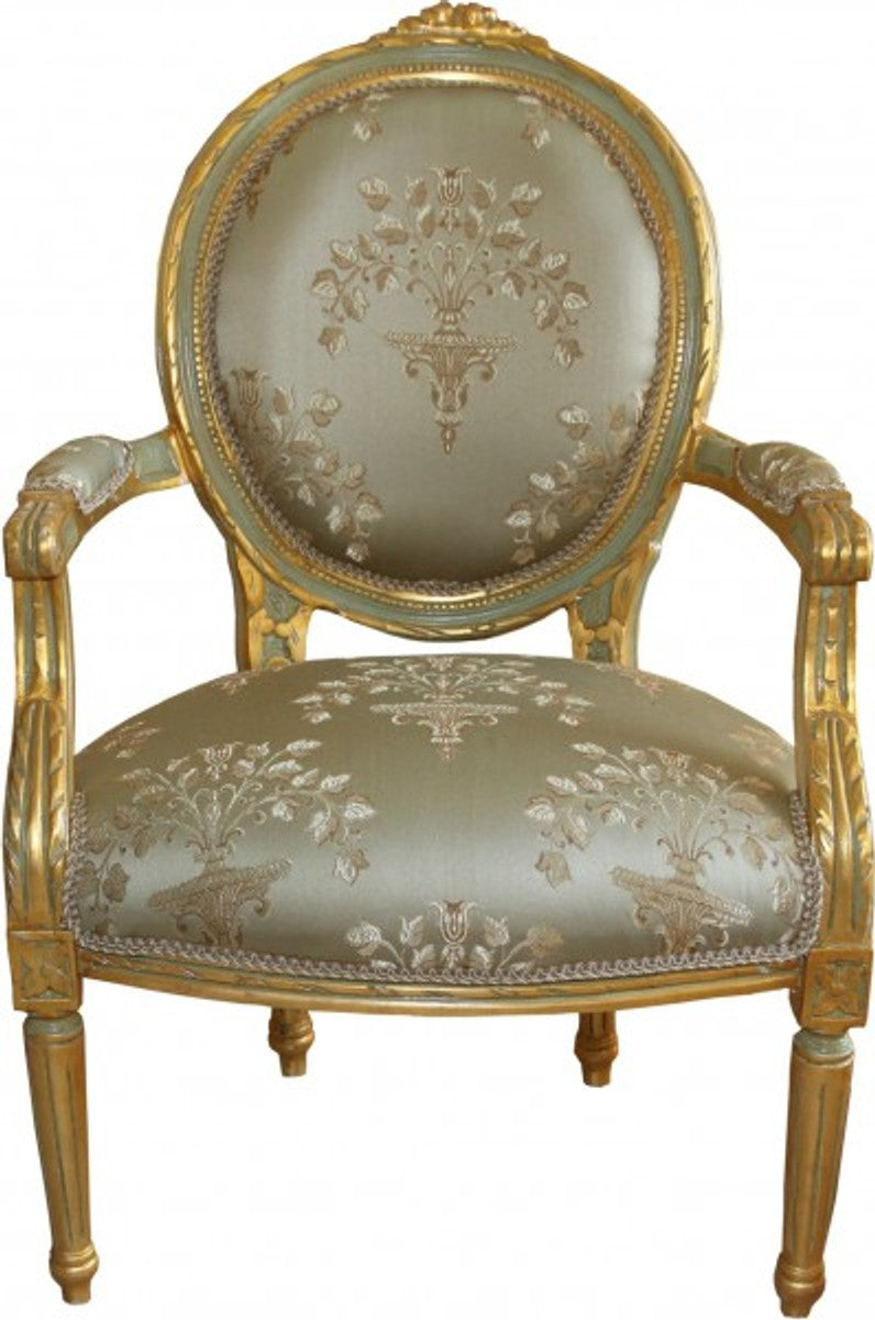 Barock Medaillon Salon Stuhl Grün Muster / Gold Modell Versailles - Möbel Antik Stil