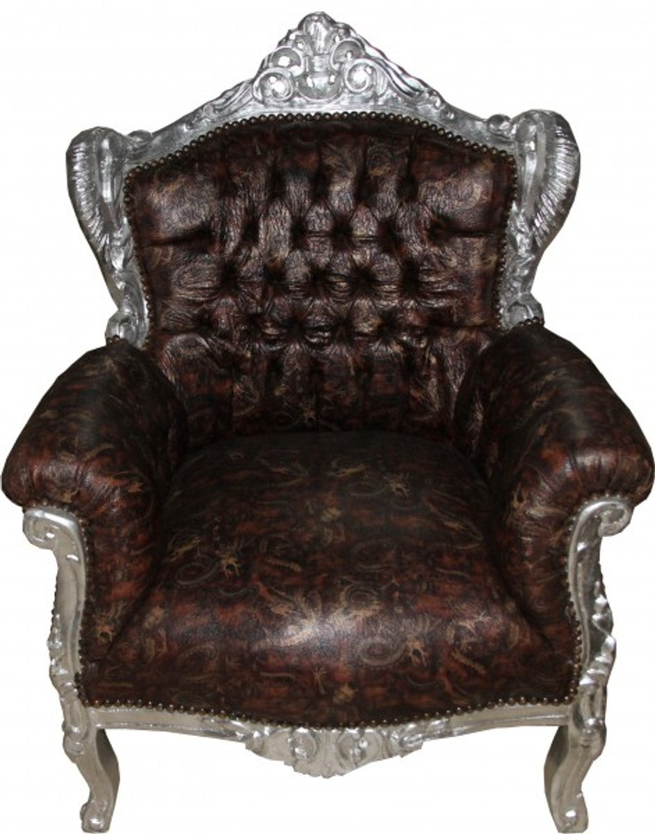 Barock Sessel Lord Braun/Silber Lederoptik mit Drachenmotiv - Antik Stil