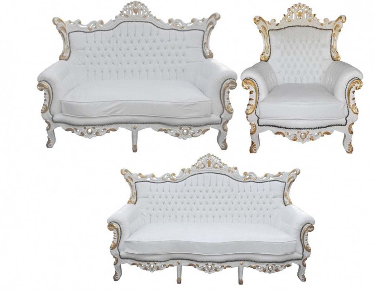 Barock Wohnzimmer Set Master Weiss / Gold - 3er Sofa + 2er Sofa + 1 Sessel