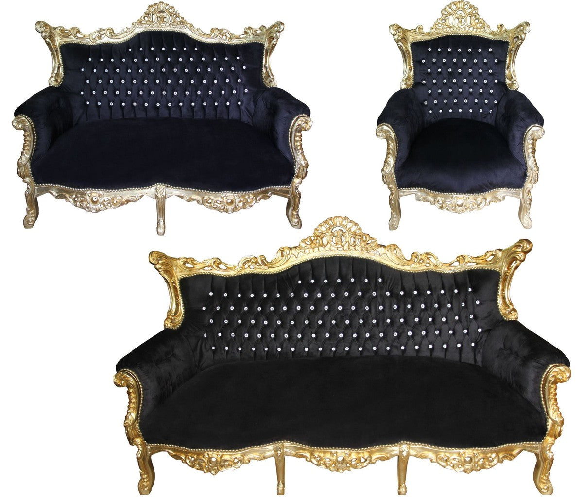 Barock Wohnzimmer Set Master Schwarz/Gold mit Bling Bling Glitzersteinen - 3er Sofa+2er Sofa + 1 Sessel