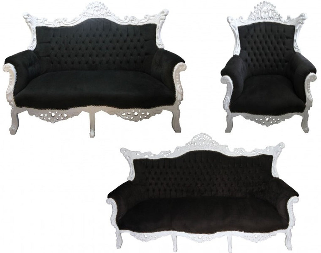 Barock Wohnzimmer Set Master Schwarz/Weiss - 3er Sofa+2er Sofa + 1 Sessel