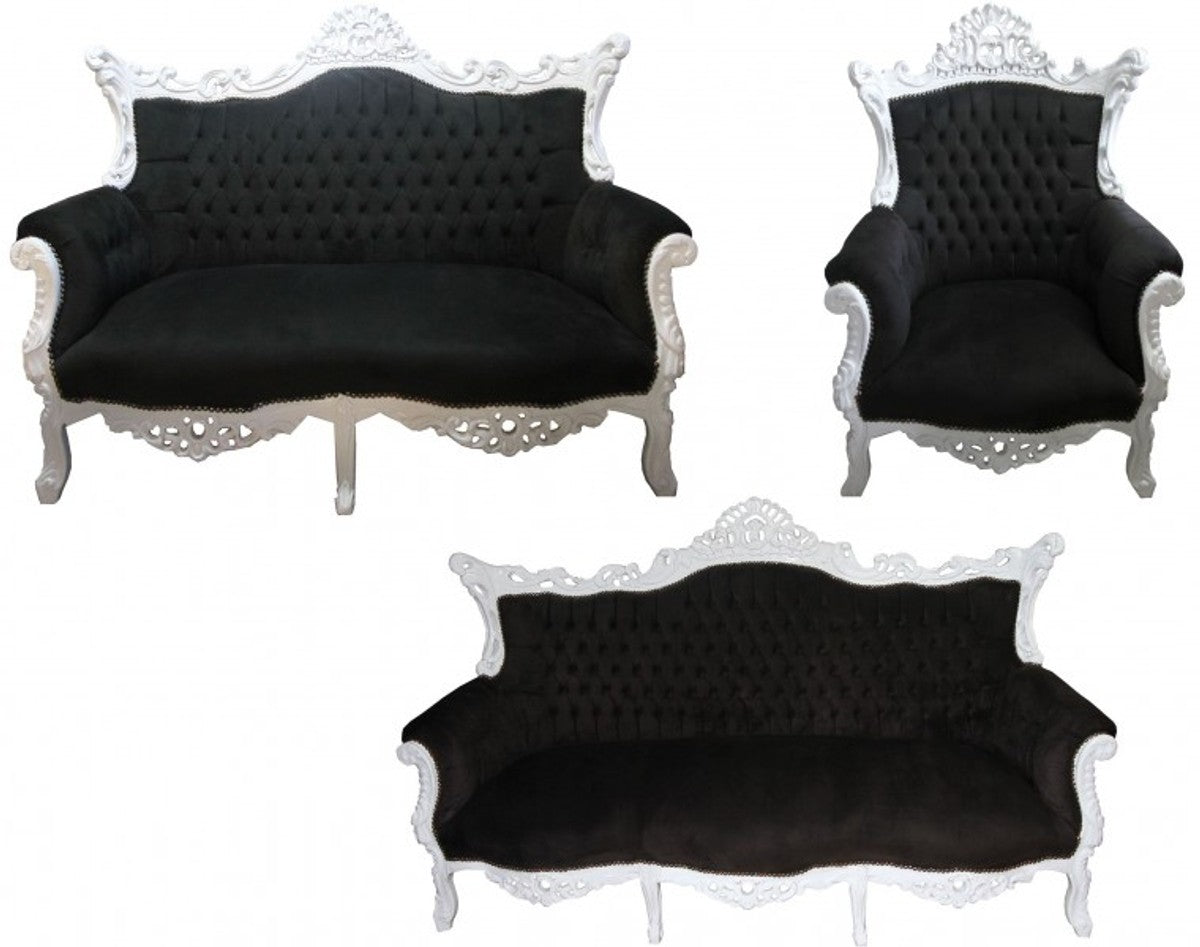 Barock Wohnzimmer Set Master Schwarz/Weiss - 3er Sofa+2er Sofa + 1 Sessel