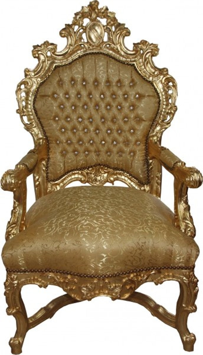 Barock Luxus Thron Sessel Gold Muster/Gold mit Bling Bling Glitzersteinen - Unikat - Barock Möbel Thron Königssessel - Limited Edition