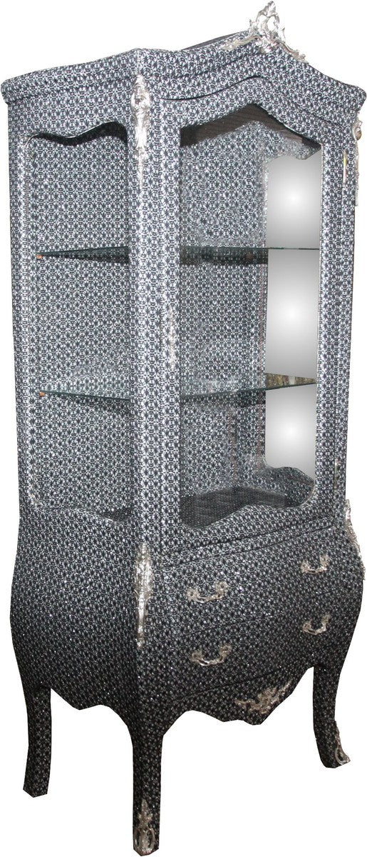 Barock Vitrine in Schwarz/Silber Glitzerlook - Vitrinenschrank - Wohnzimmerschrank