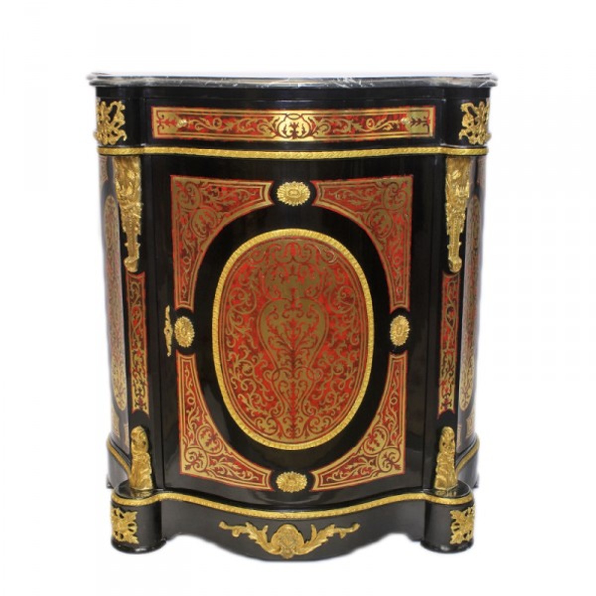 Barock Boulle Kommode Schwarz / Gold / Rot mit Marmorplatte 80 x H105 cm - Möbel Schrank Sideboard