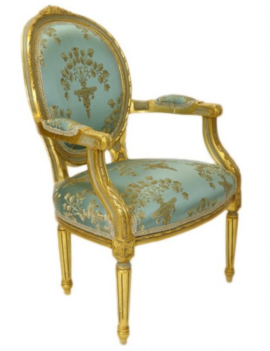 Barock Medaillon Salon Stuhl Türkis Muster / Gold Modell Versailles - Möbel Antik Stil