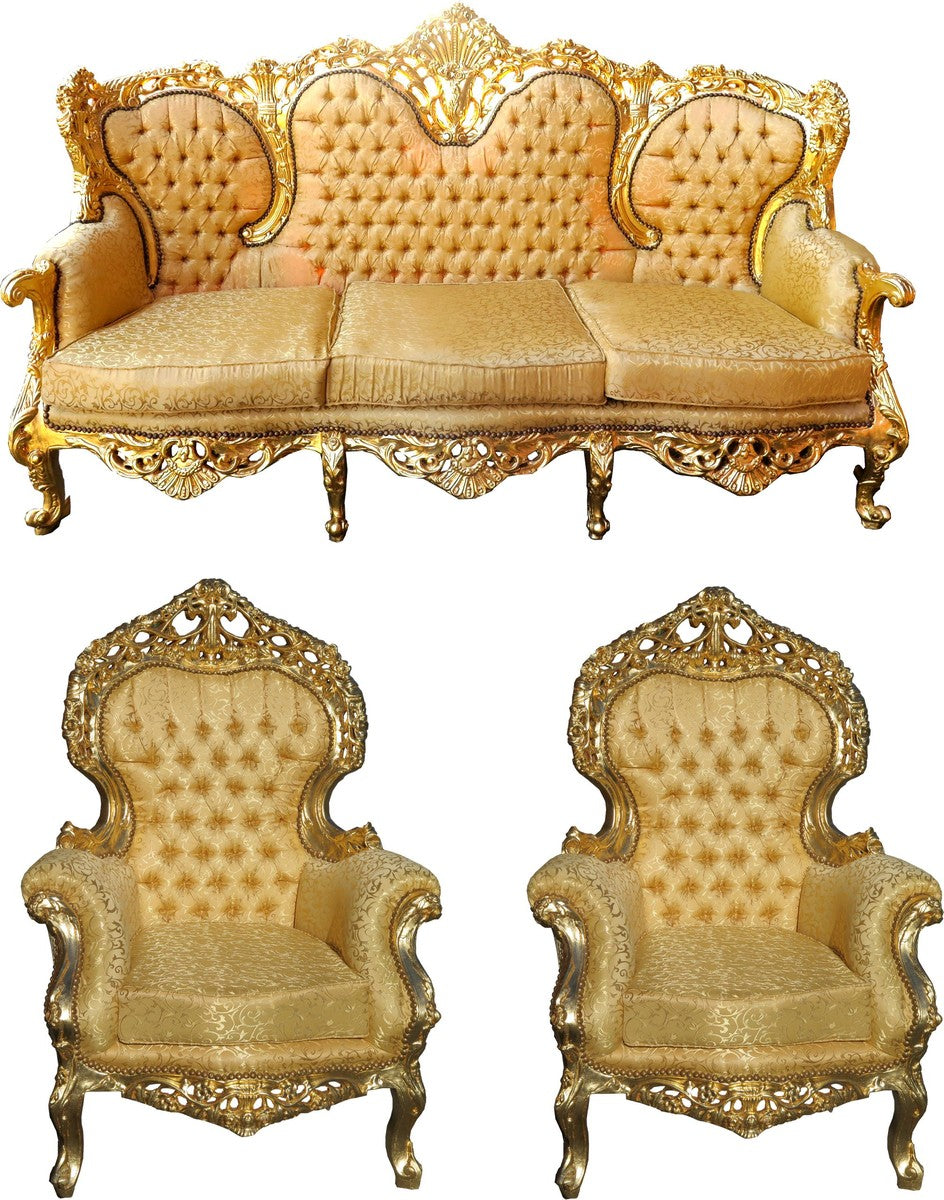 Barock Wohnzimmer Set Versailles II Gold Muster / Antik Gold - 3er Sofa + 2 Sessel