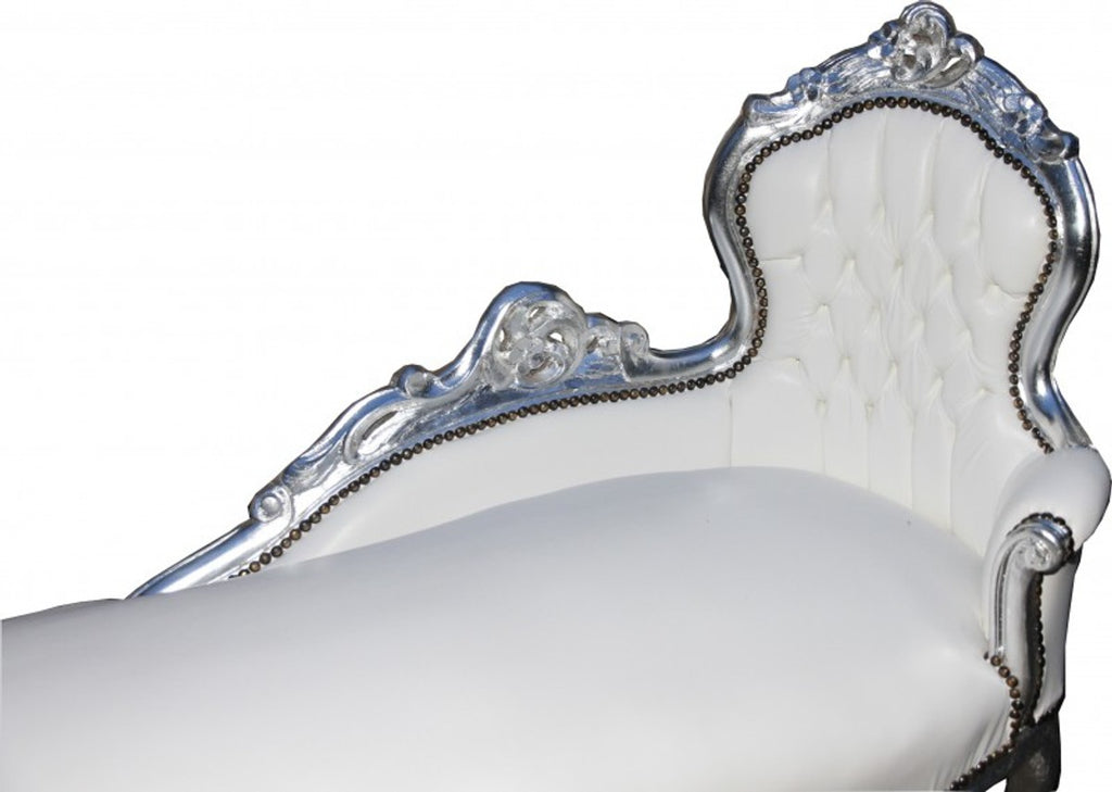 Barock Chaiselongue Weiß/Silber Lederoptik