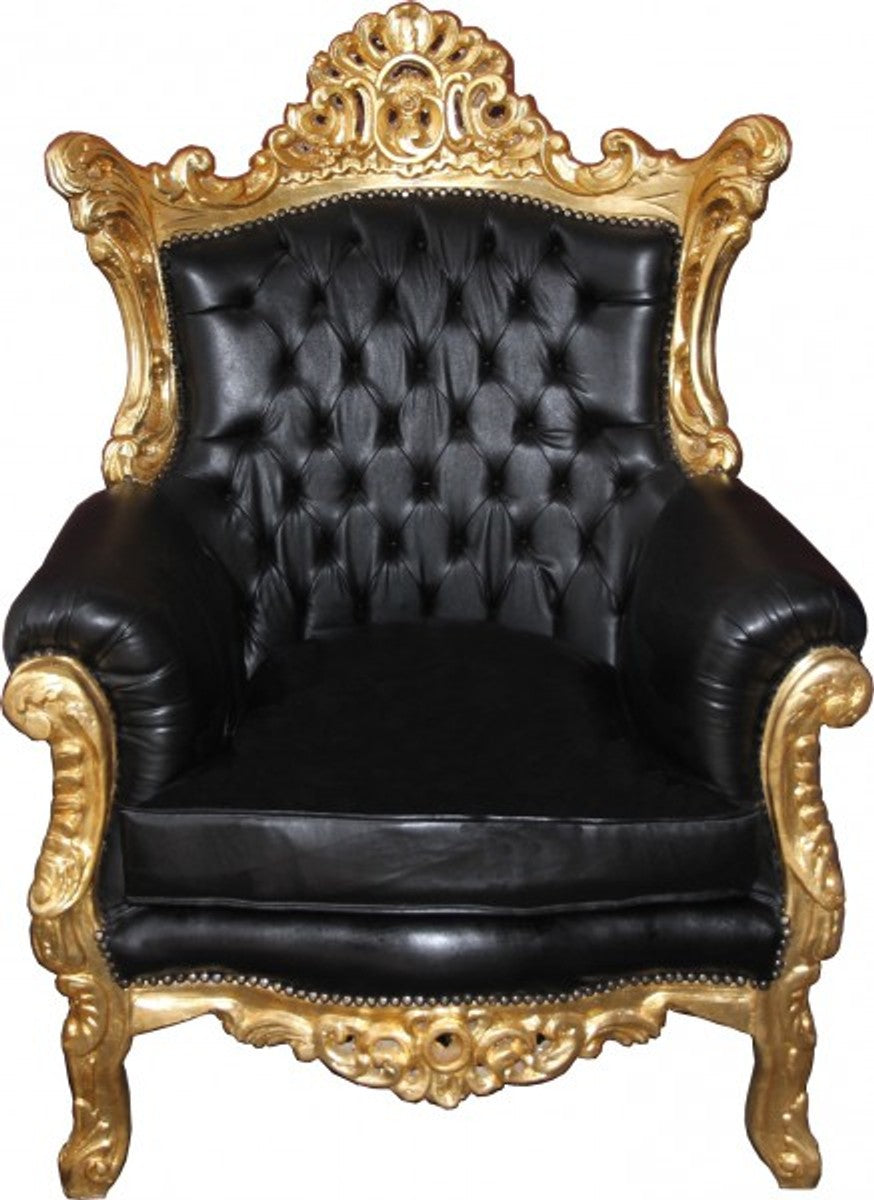 Barock Wohnzimmer Set Master Schwarz / Gold Lederoptik Mod2 - 3-er Sofa + 2 Sessel