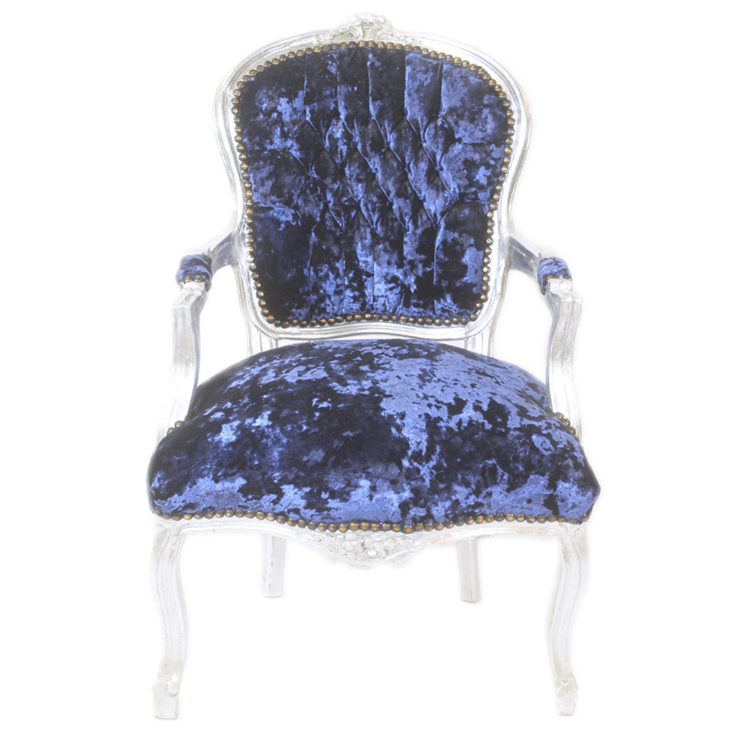 Barock Salon Stuhl Royalblau Velour Stoff / Silber - Antik Design Möbel