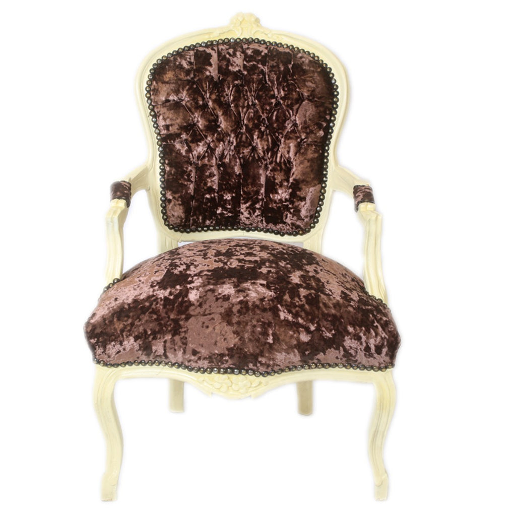Barock Salon Stuhl Braun Velour Stoff / Creme - Antik Design Möbel