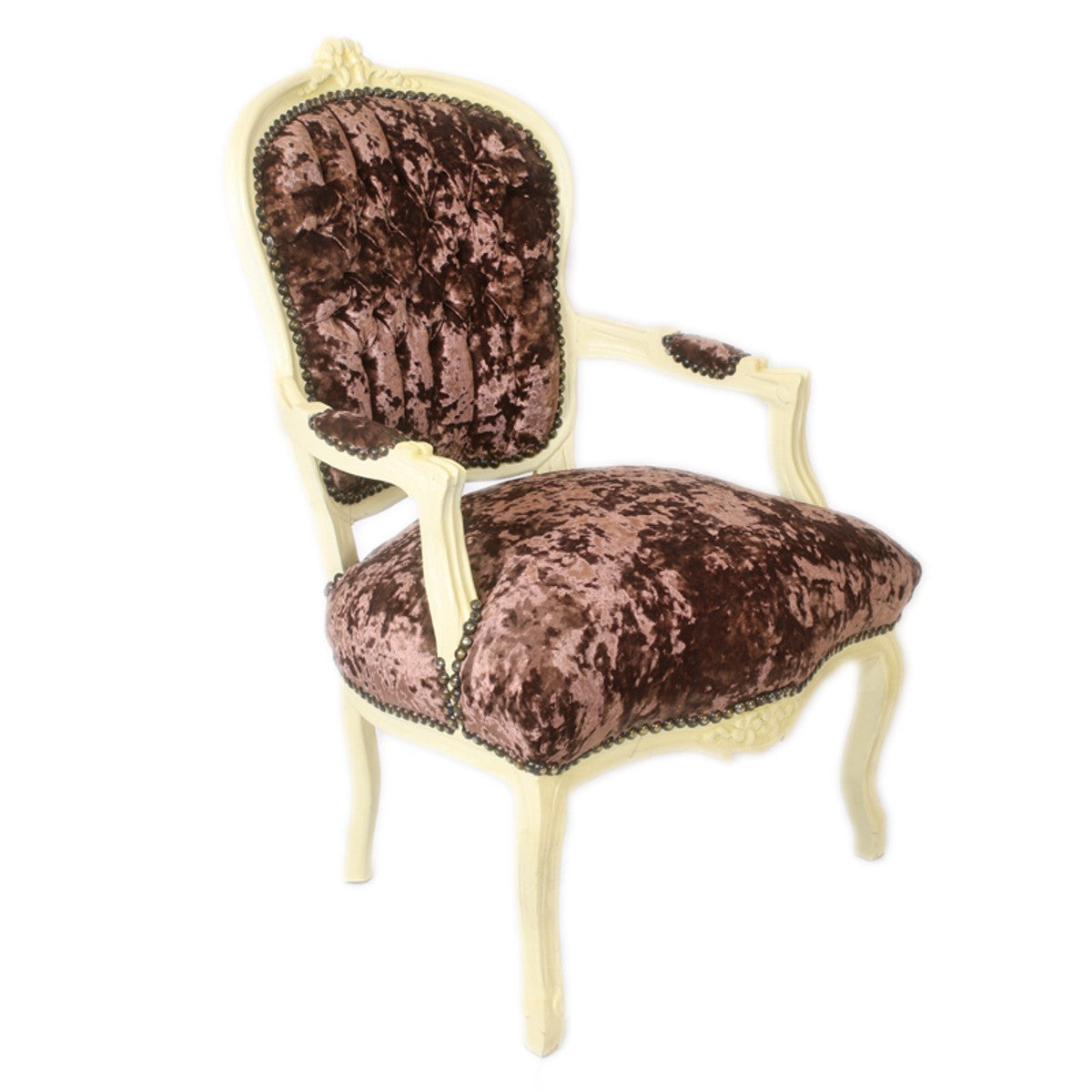 Barock Salon Stuhl Braun Velour Stoff / Creme - Antik Design Möbel