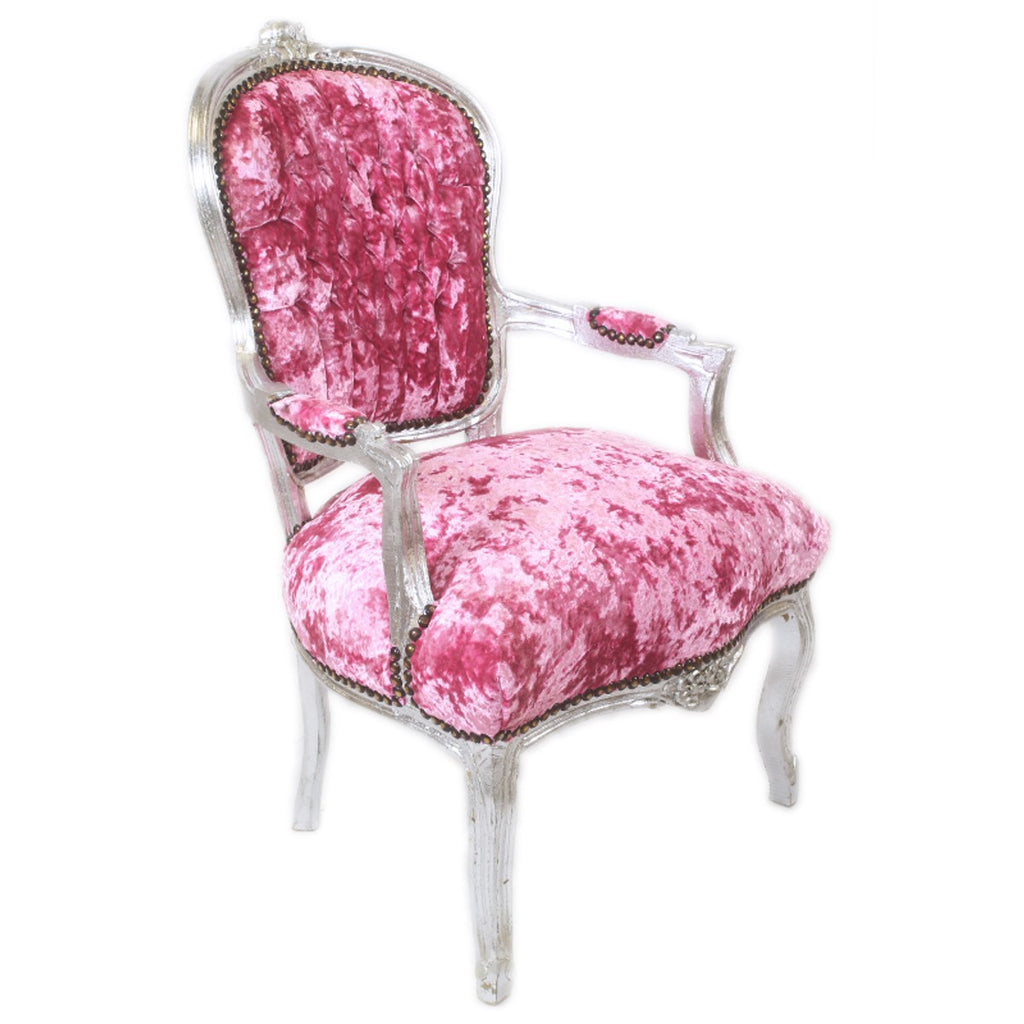 Barock Salon Stuhl Pink Velour Stoff / Silber - Antik Design Möbel