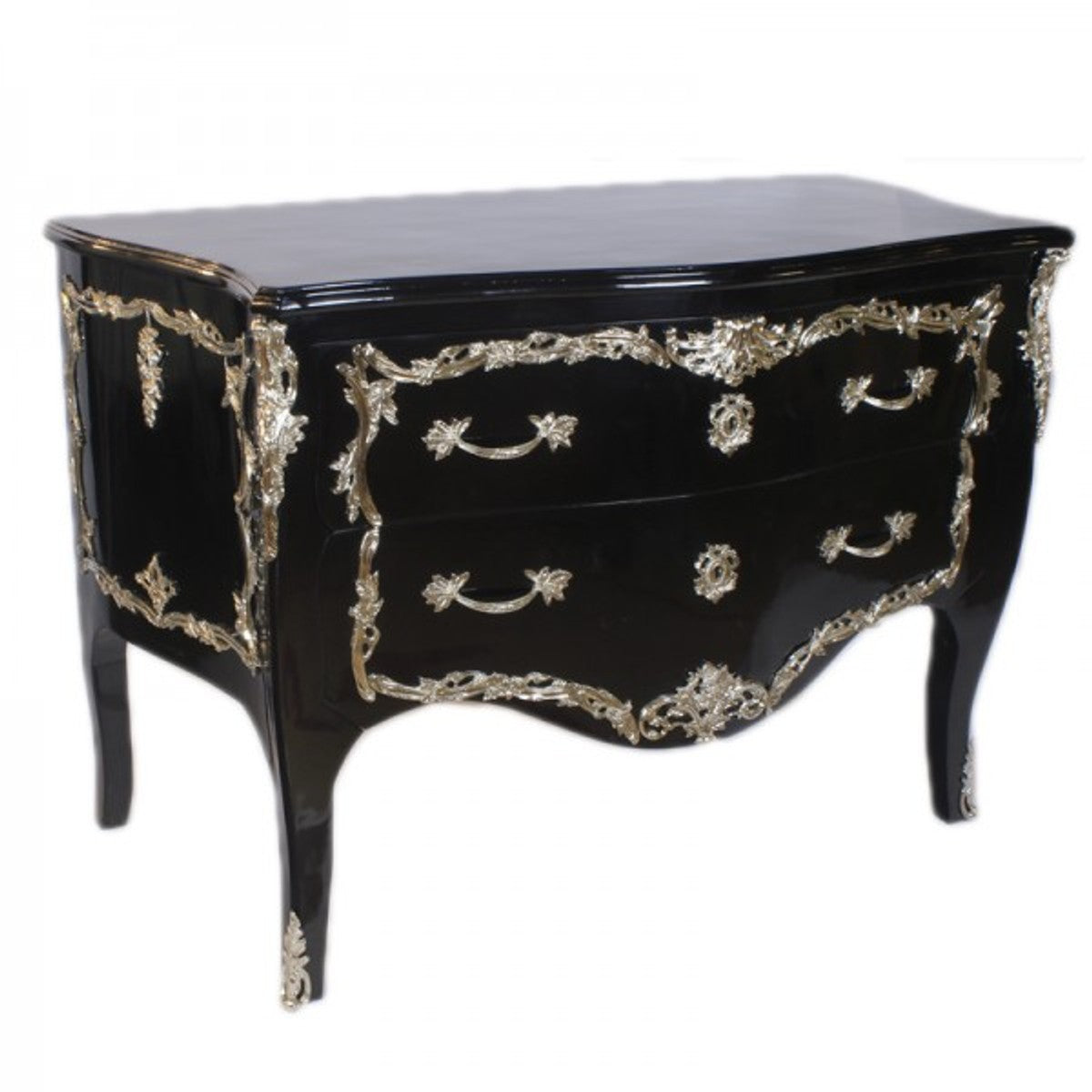 Barock Kommode Schwarz Hochglanz / Silber 130 cm - Handgefertigt aus Massivholz