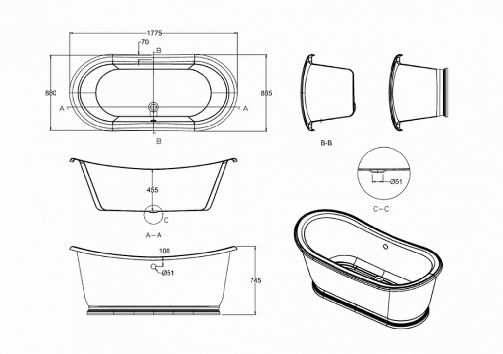 Badewanne freistehend 1650mm BAdm165 - Freistehende Retro Antik Badewanne