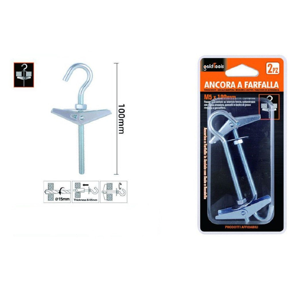 Establecer 2 piezas de mariposa aún con gancho de acero con tuerca de lavadora M5x100 mm 57229