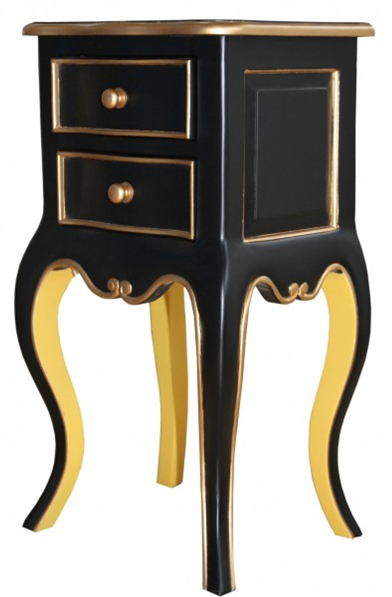 Barock Kommode mit 2 Schubladen Schwarz / Gelb / Gold H 70 cm, B 38 cm - - Nachttisch Konsole - Nachtschrank