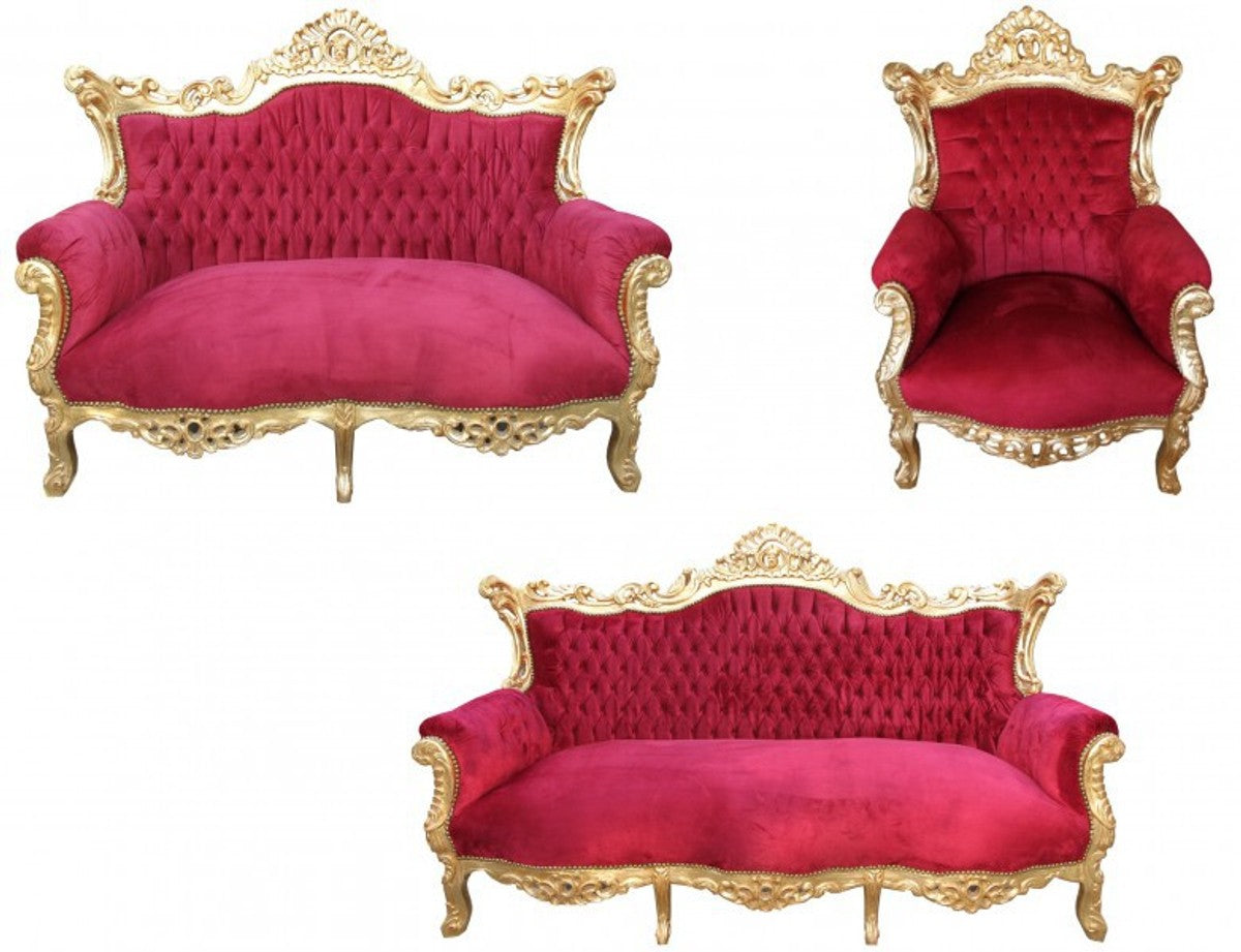 Barock Wohnzimmer Set Master Bordoaux Rot/ Gold - 3er Sofa+2er Sofa + 1 Sessel
