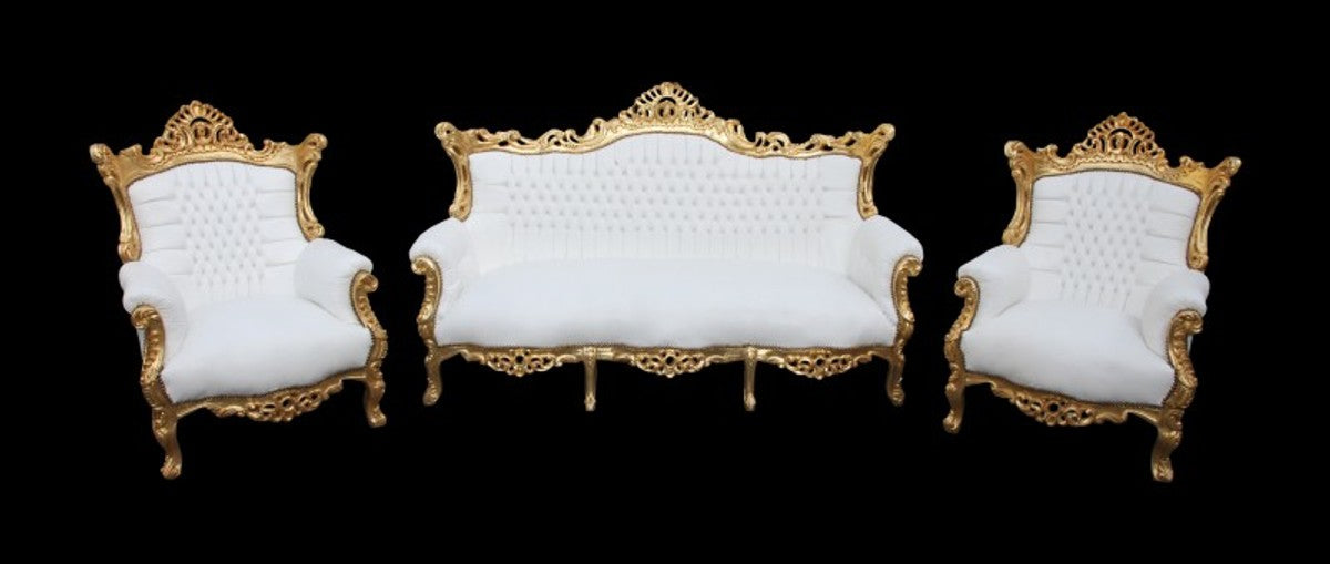 Barock Wohnzimmer Set Master Weiss/ Gold Lederoptik - 3-er Sofa + 2 Sessel