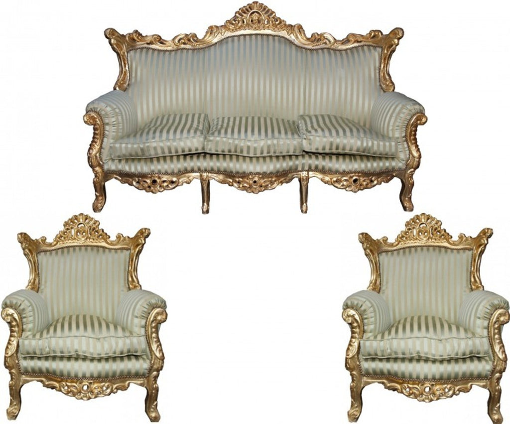 Barock Wohnzimmer Set Master Jadegrün /Beige / Gold Mod2 - 3-er Sofa + 2 Sessel