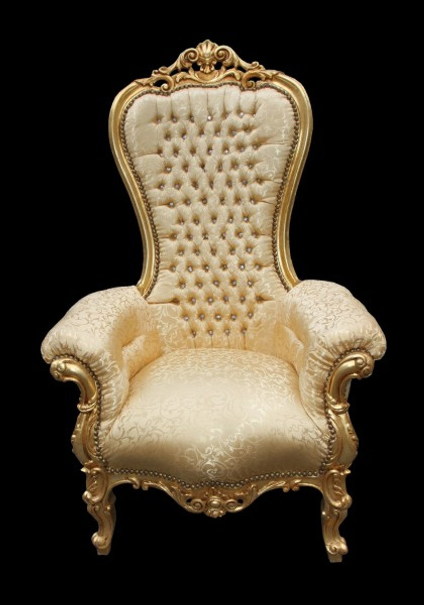 Barock Thron Sessel Majestic Medium Gold Muster / Gold mit Bling Bling Glitzersteinen - Riesensessel - Thron Stuhl Tron