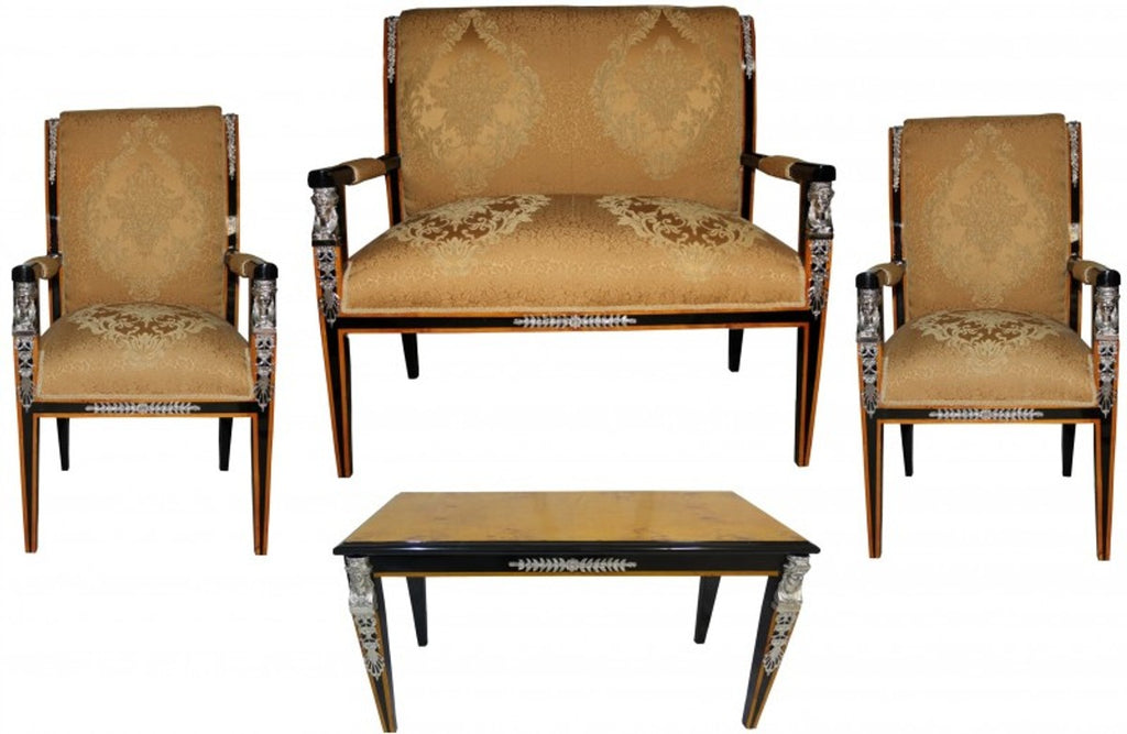 Barock Empire Salon 4-er Set Gold Muster / Schwarz / Mahagoni / Silber - Sitzbank + 2 Sessel + Couchtisch