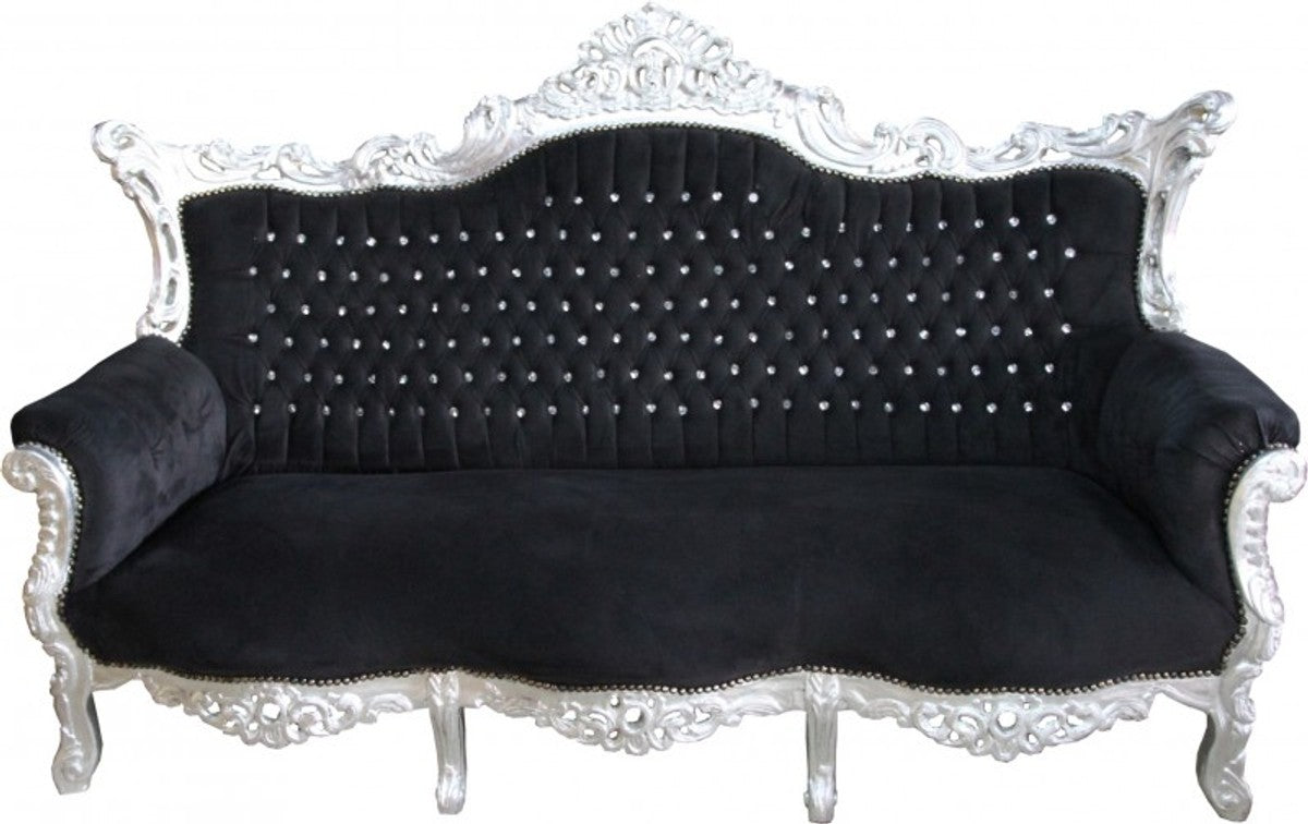 Barock Sofa Master Schwarz / Silber mit Bling Bling Glitzersteinen - Möbel Couch Lounge
