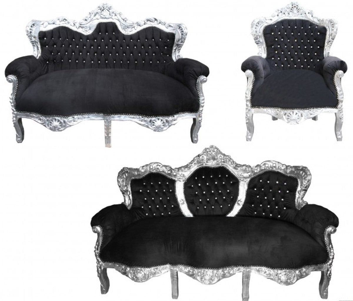 Barock Wohnzimmer Set King Schwarz / Silber - 3-er Sofa + 2-er Sofa + 1 Sessel