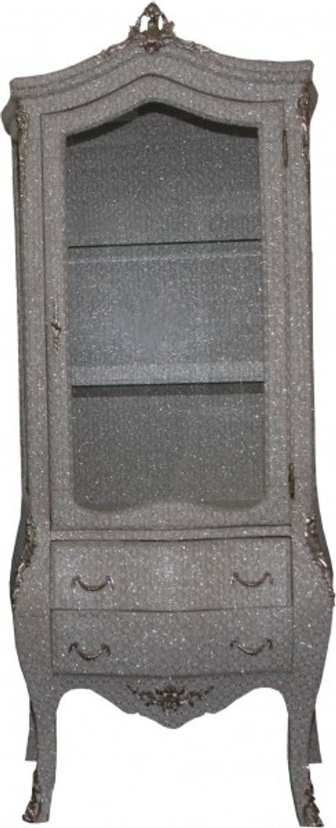Barock Vitrine in Weiß/Silber Glitzerlook - Vitrinenschrank - Wohnzimmerschrank