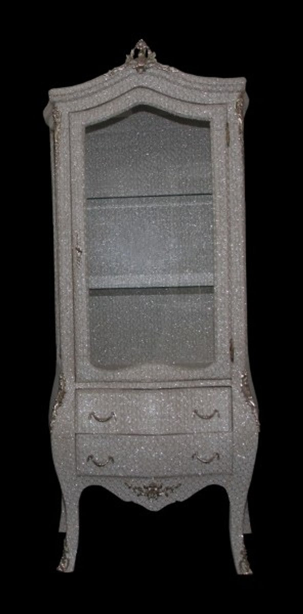 Barock Vitrine in Weiß/Silber Glitzerlook - Vitrinenschrank - Wohnzimmerschrank